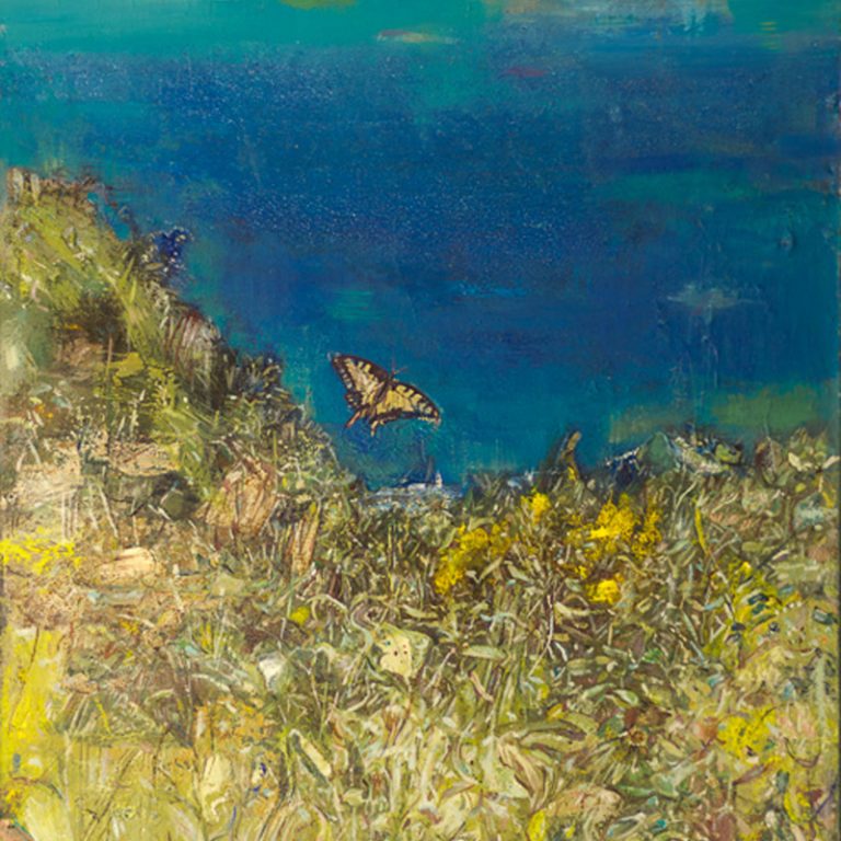 A BUTTERFLY IN MYKONOS OIL ON CANVAS 80X120 2018 by Nikos Stratakis