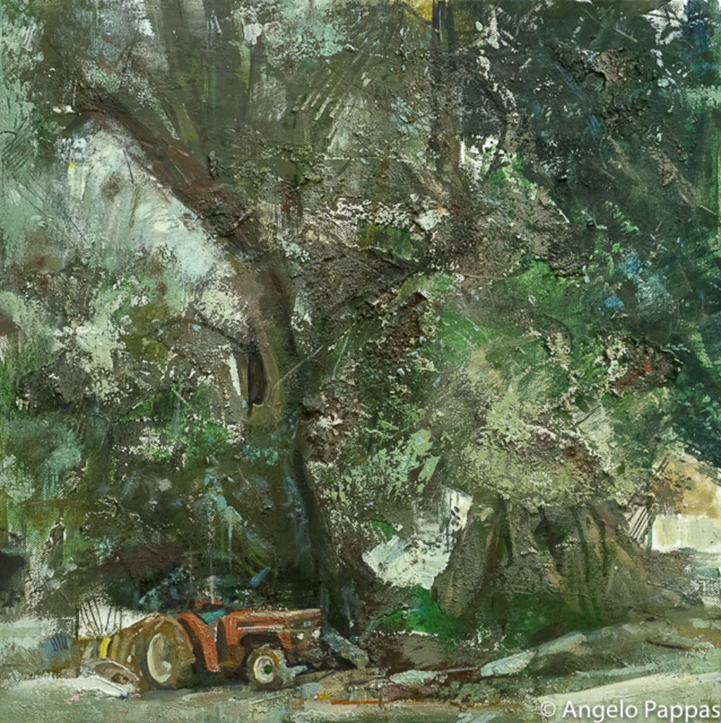 OILVE GROVE IN NORTHERN CORFU OIL ON CANVAS 50X50 2018 by Nikos Stratakis