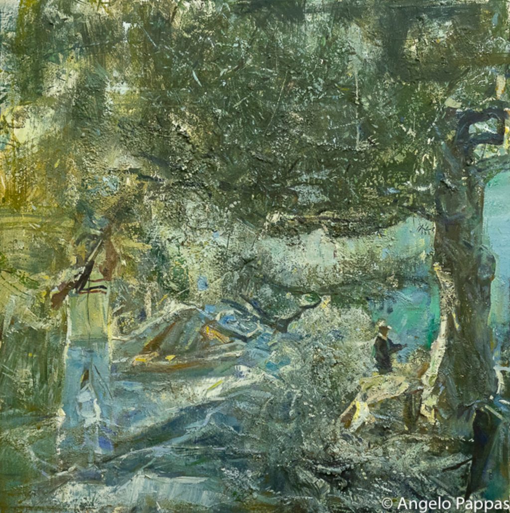 OLIVE WORKERS IN CRETE OIL ON CANVAS 50X50 2018 by Nikos Stratakis