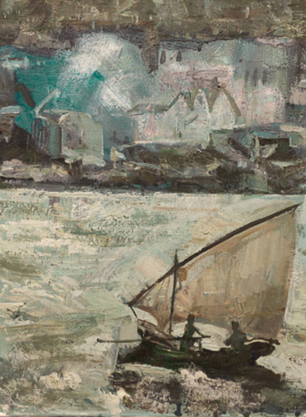 A BOAT IN THE AEGEAN Oil on canvas 40X50 2018 by Nikos Stratakis