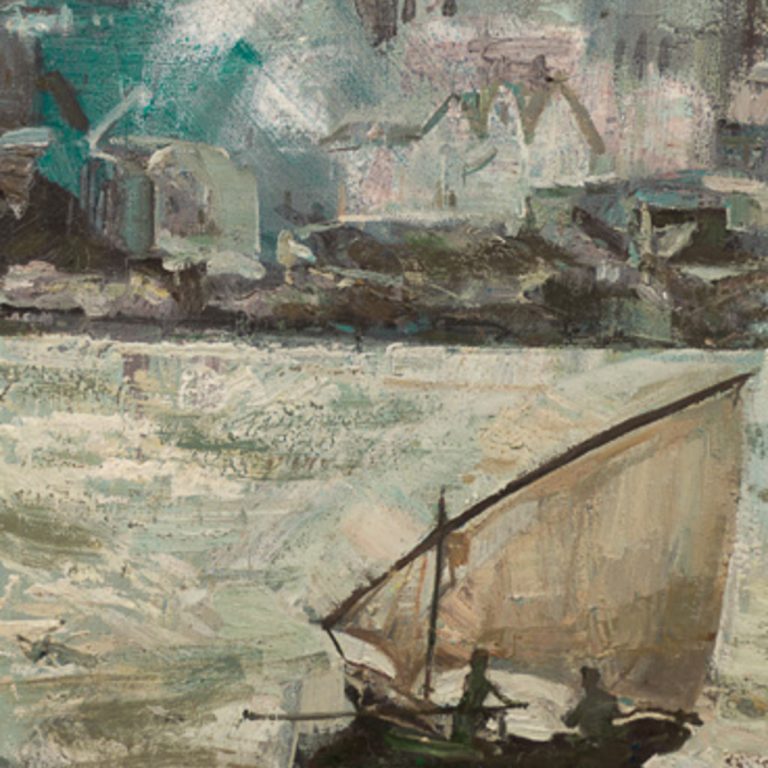 A BOAT IN THE AEGEAN Oil on canvas 40X50 2018 by Nikos Stratakis