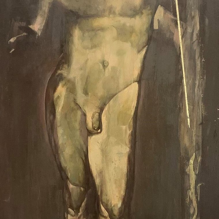 APOLLON Oil and egg tempera on wood 80X180 2000 by Nikos Stratakis