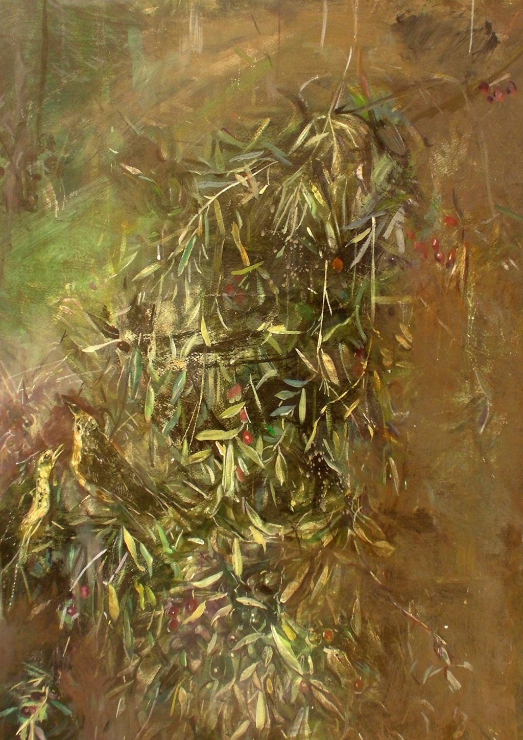BIRDS ON OLIVE TREE Oil on canson prepared paper 50X70 2016 by Nikos Stratakis