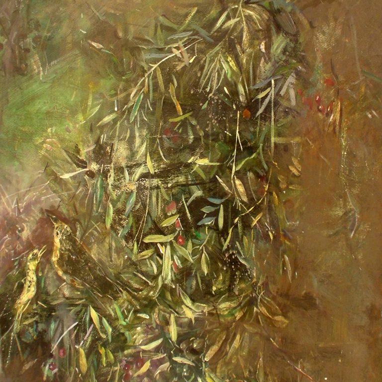 BIRDS ON OLIVE TREE Oil on canson prepared paper 50X70 2016 by Nikos Stratakis