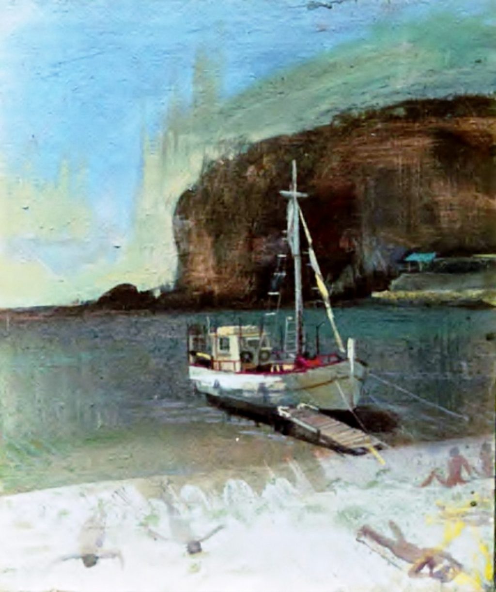 BOAT BY THE BEACH Oil on wood 20X30 2004 by Nikos Stratakis
