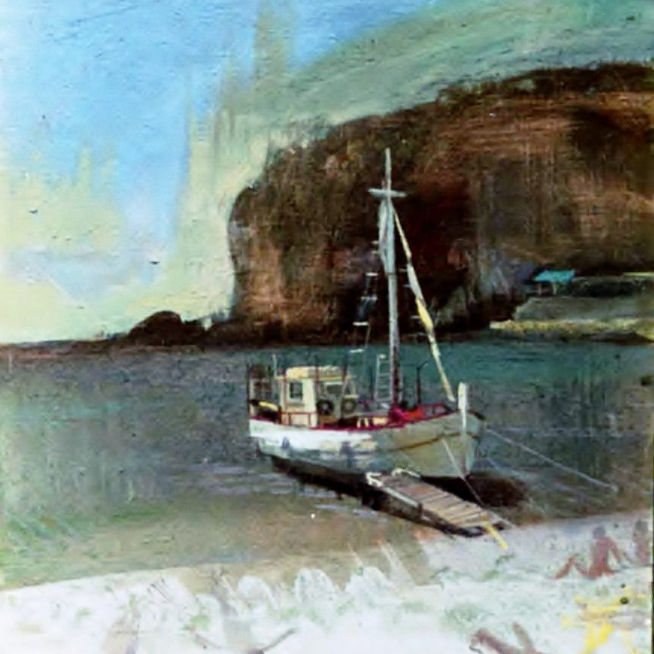 BOAT BY THE BEACH Oil on wood 20X30 2004 by Nikos Stratakis