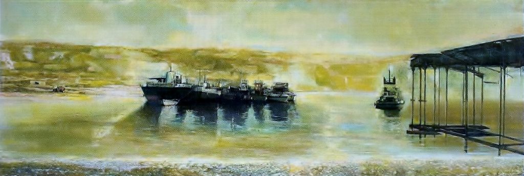 BOATS Oil on wood 58X165 2006 by Nikos Stratakis