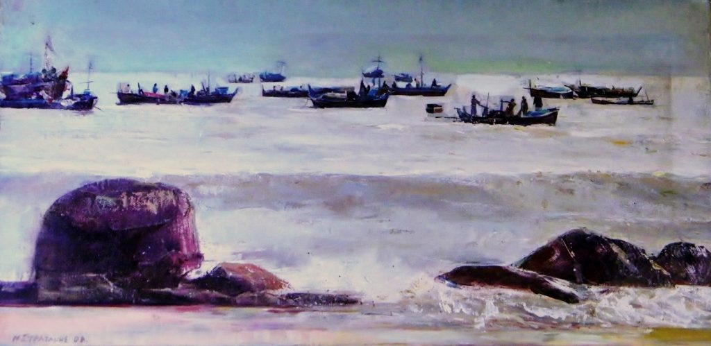 FISHBOATS Oil on canvas 30X70 2009 by Nikos Stratakis