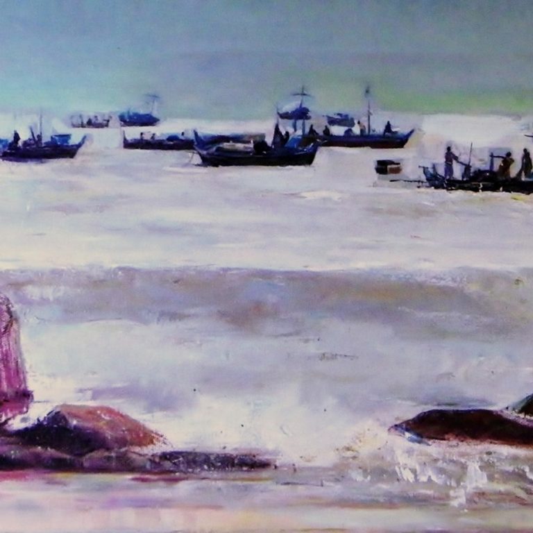 FISHBOATS Oil on canvas 30X70 2009 by Nikos Stratakis