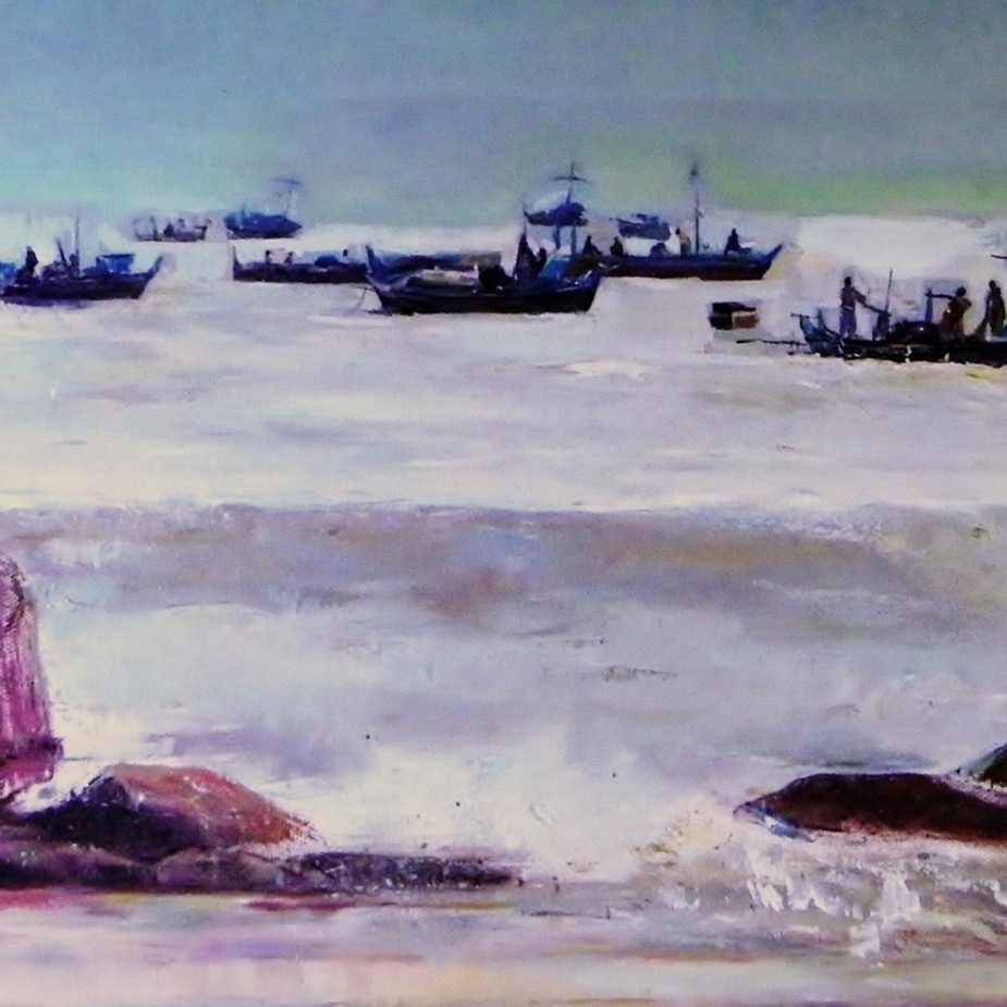 FISHBOATS Oil on canvas 30X70 2009 by Nikos Stratakis