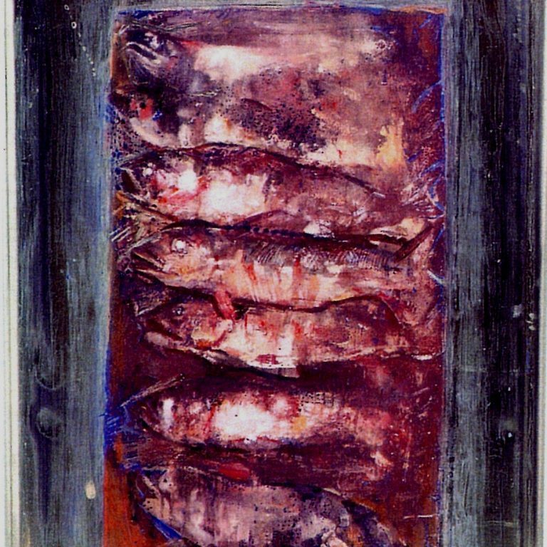 FOUR PRODUCTS IN A TIN Oil on tin 25X50X4 2000 by Nikos Stratakis