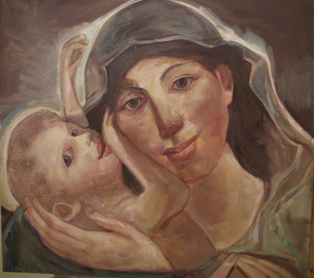 MARY WITH JESUS Oil on wood 50X70 2014 by Nikos Stratakis