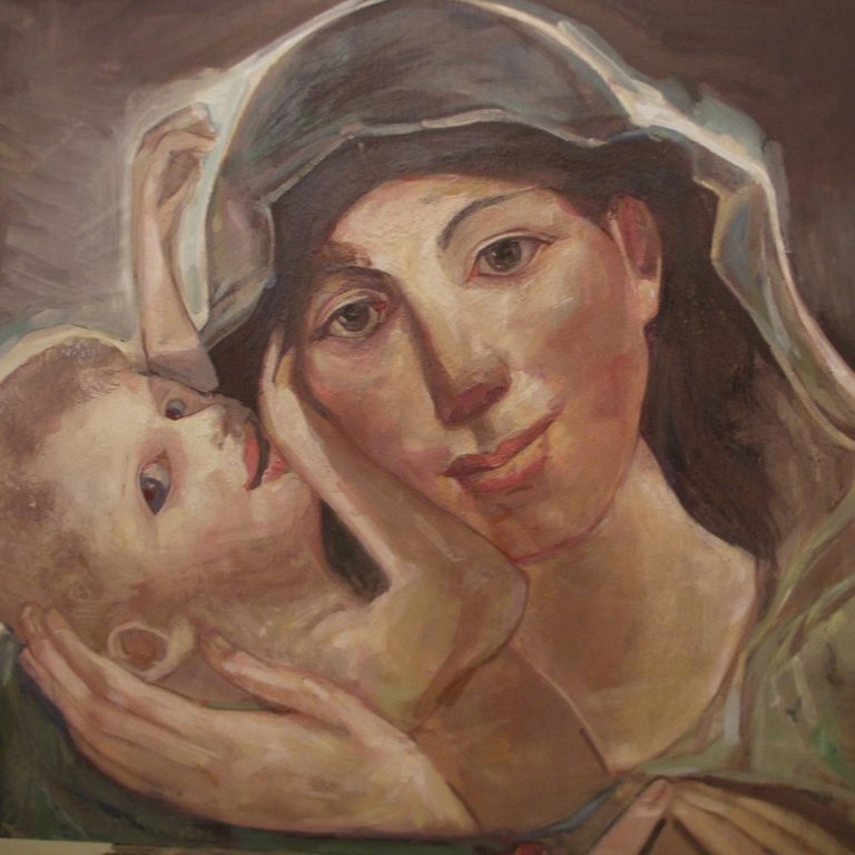 MARY WITH JESUS Oil on wood 50X70 2014 by Nikos Stratakis