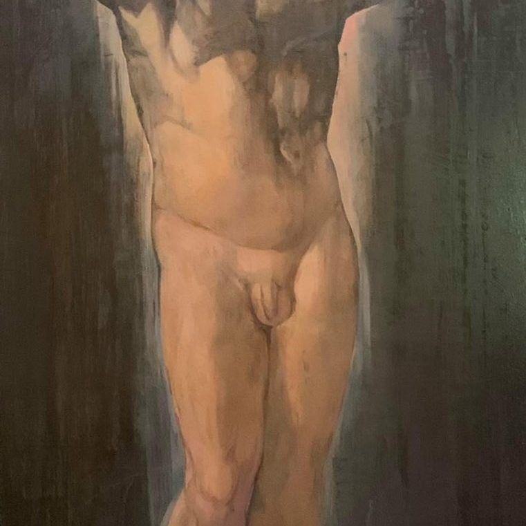 PRAYER Oil and egg tempera on wood 80X180 2000 by Nikos Stratakis