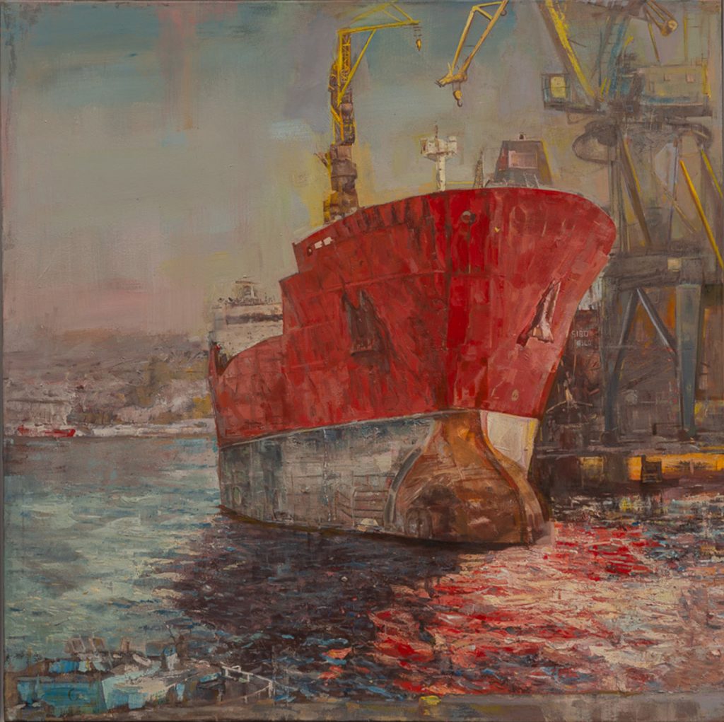 RED SHIP IN THE SHIPYARD OF SYROS Oil on canvas 150X150 2016 by Nikos Stratakis