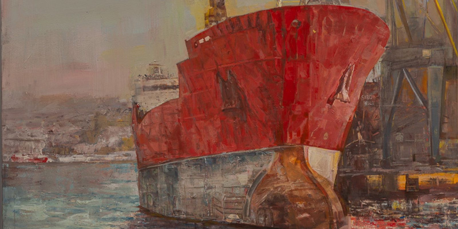RED SHIP IN THE SHIPYARD OF SYROS Oil on canvas 150X150 2016 by Nikos Stratakis