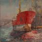 RED SHIP IN THE SHIPYARD OF SYROS Oil on canvas 150X150 2016 by Nikos Stratakis